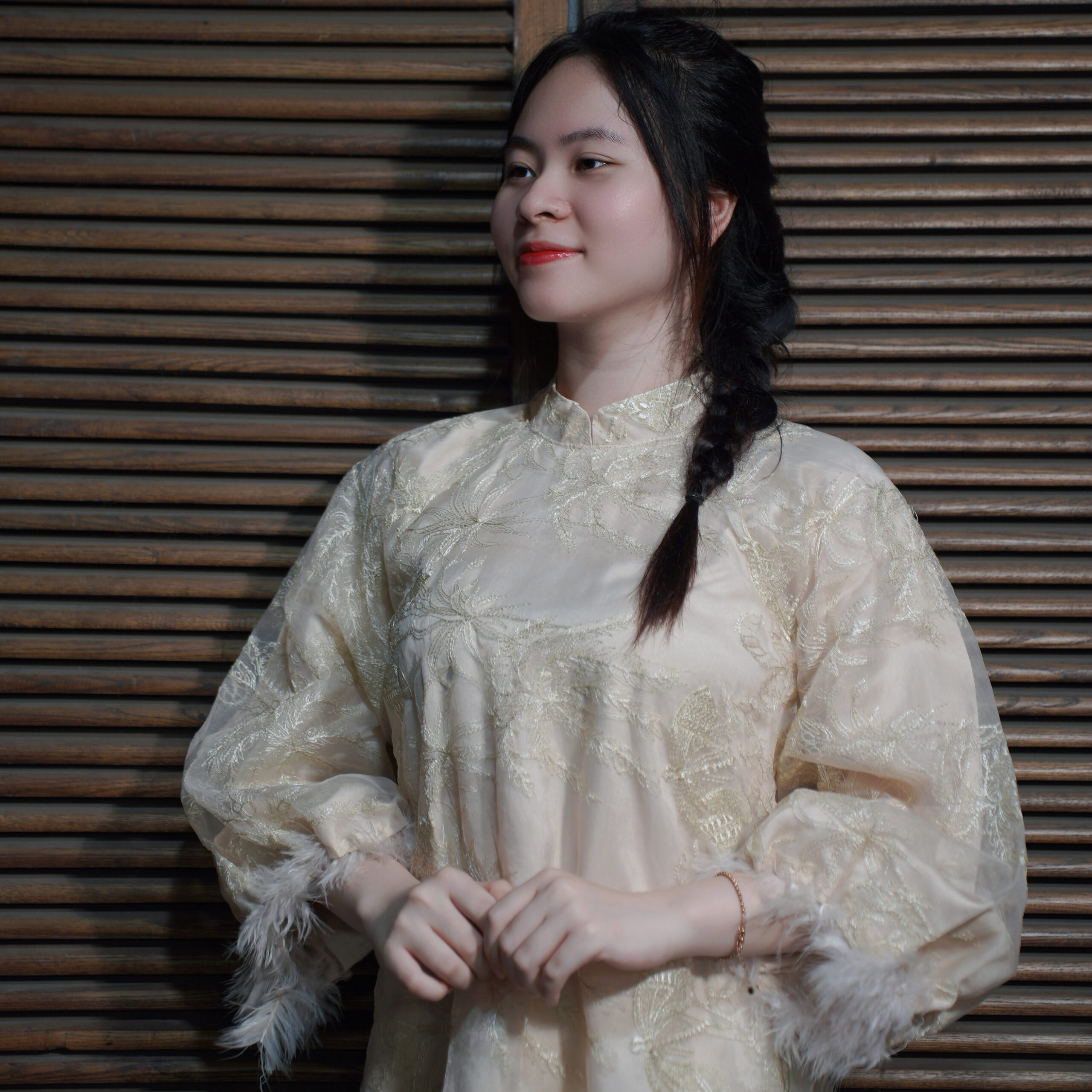 Áo Dài kem tay lông 2 lớp