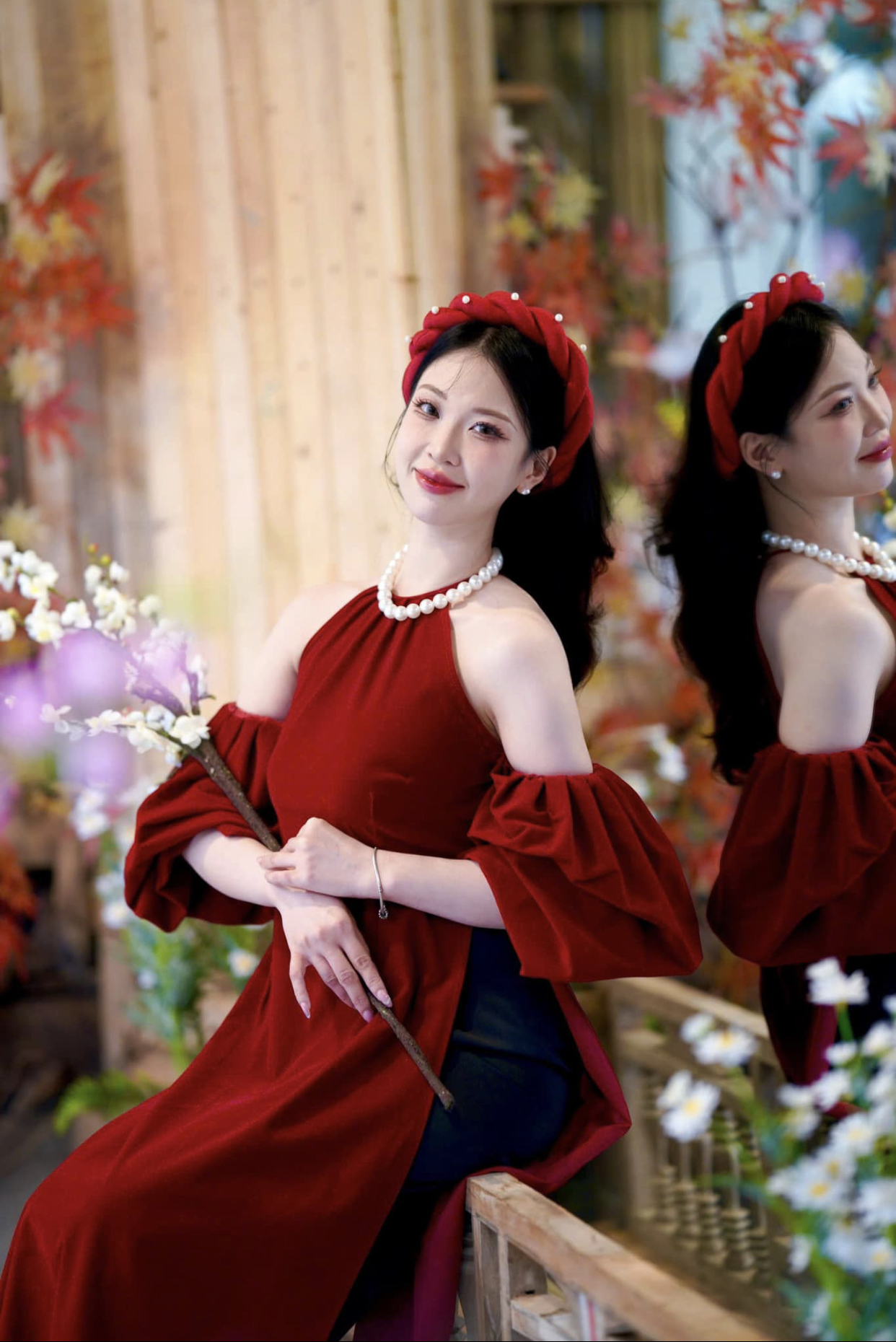 Áo Dài Đỏ Nhung Tay Bồng
