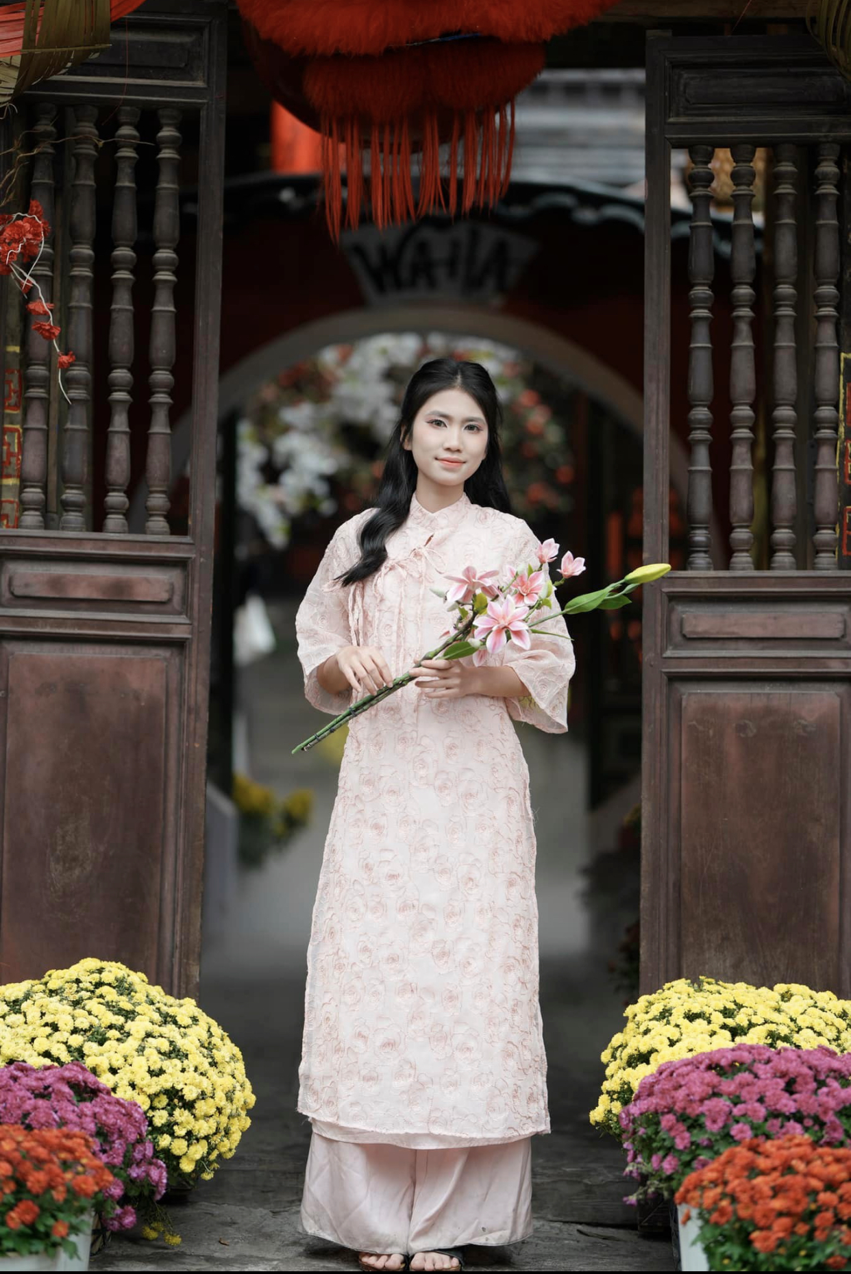 Áo Dài Hồng Hoạ Tiết