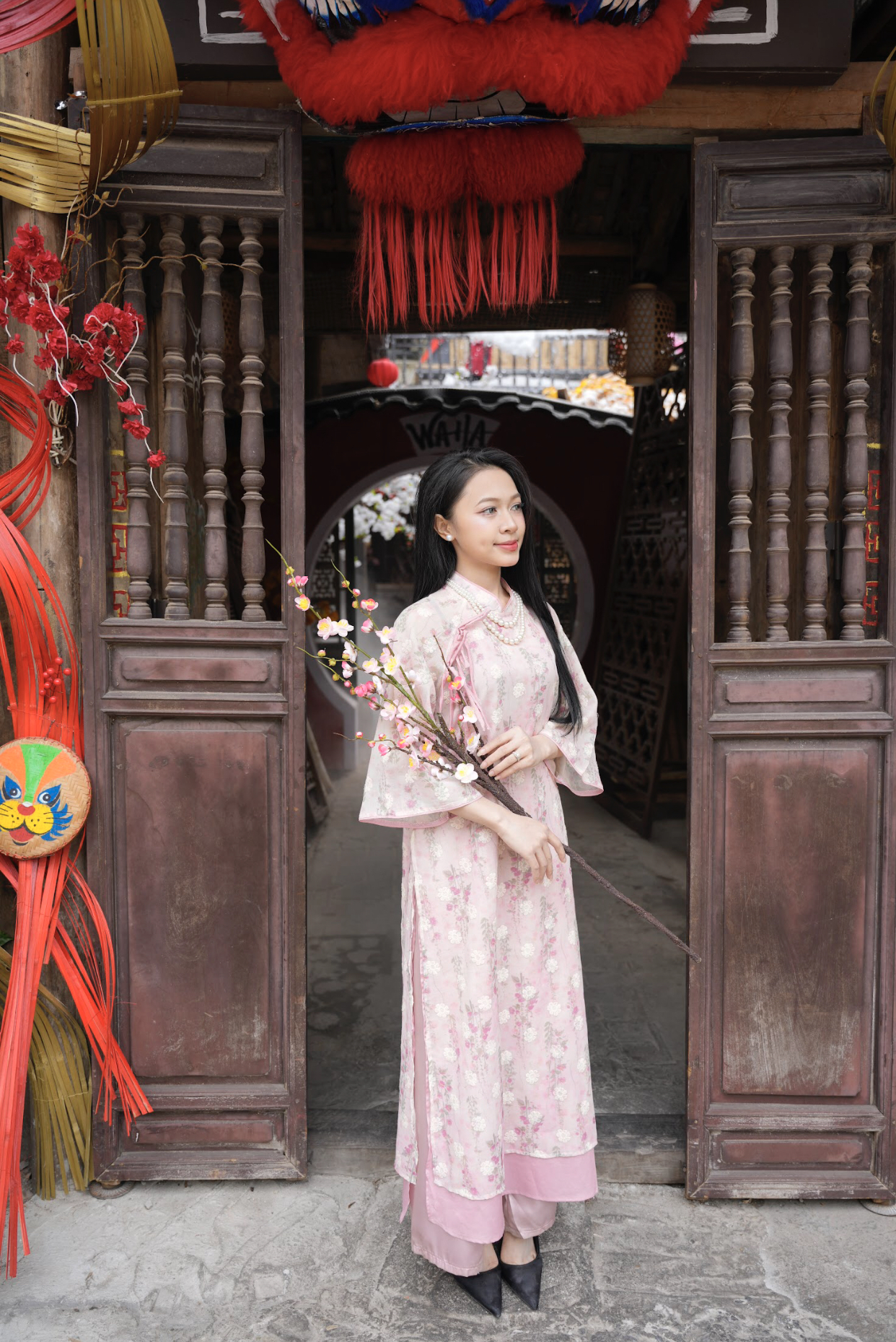 Áo Dài Hồng Hoạ Tiết