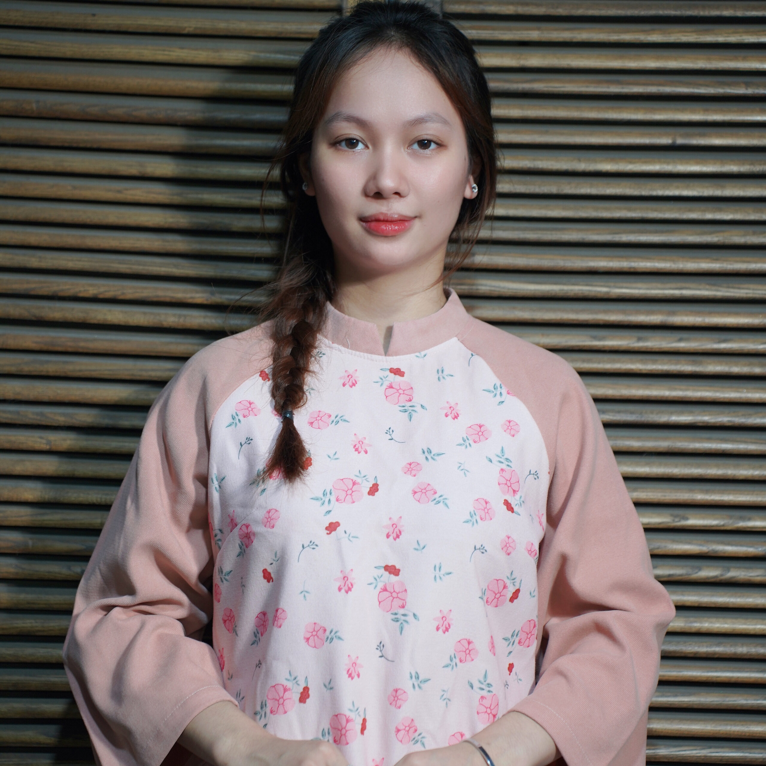 Áo Dài tay hồng hoa nhí